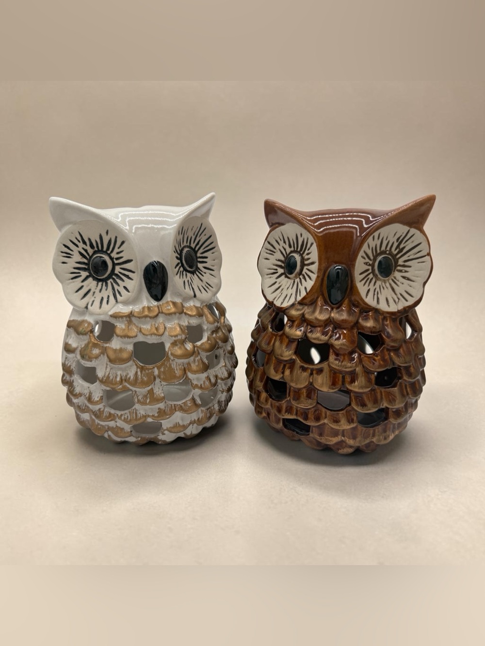 Rustic Ceramic Owl Tea Light Holders - Brown & White- Large Fall Decor- 7” Tall